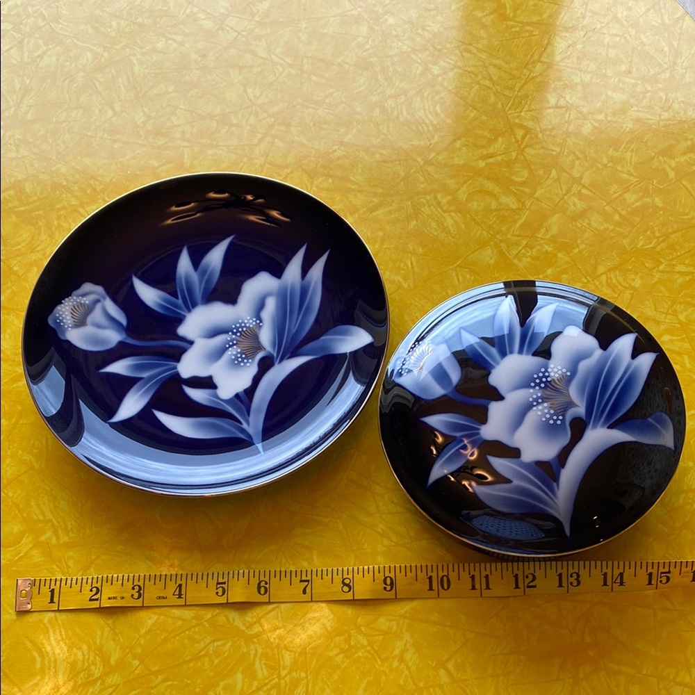 Elegant Vintage Blue Floral Plate & Covered Dish. Made in Japan